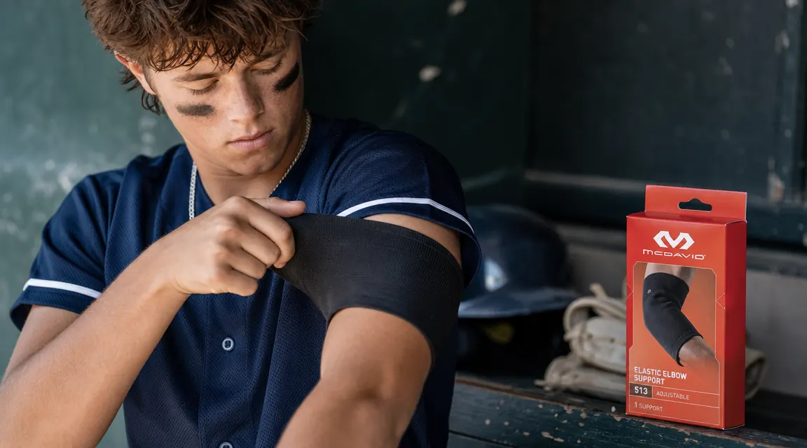 Close-up of a McDavid elastic elbow support sleeve being slipped onto a teenager's forearm before practice