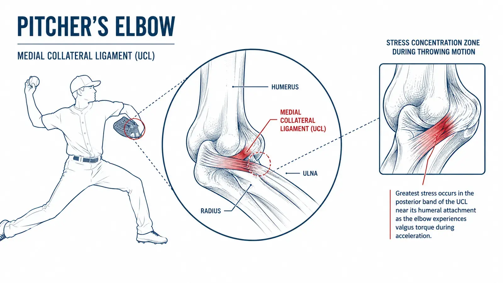 Anatomy diagram showing the UCL ligament inside the elbow joint with stress zones highlighted in red
