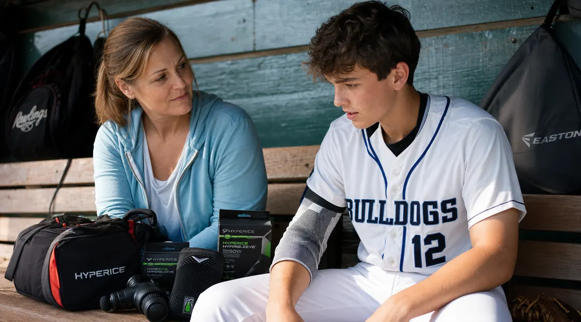 Teen pitcher and his mom reviewing arm care gear laid out on a dugout bench before a game