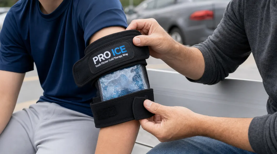 Close-up of a PRO ICE youth pitcher wrap being applied to a teen's elbow by a parent