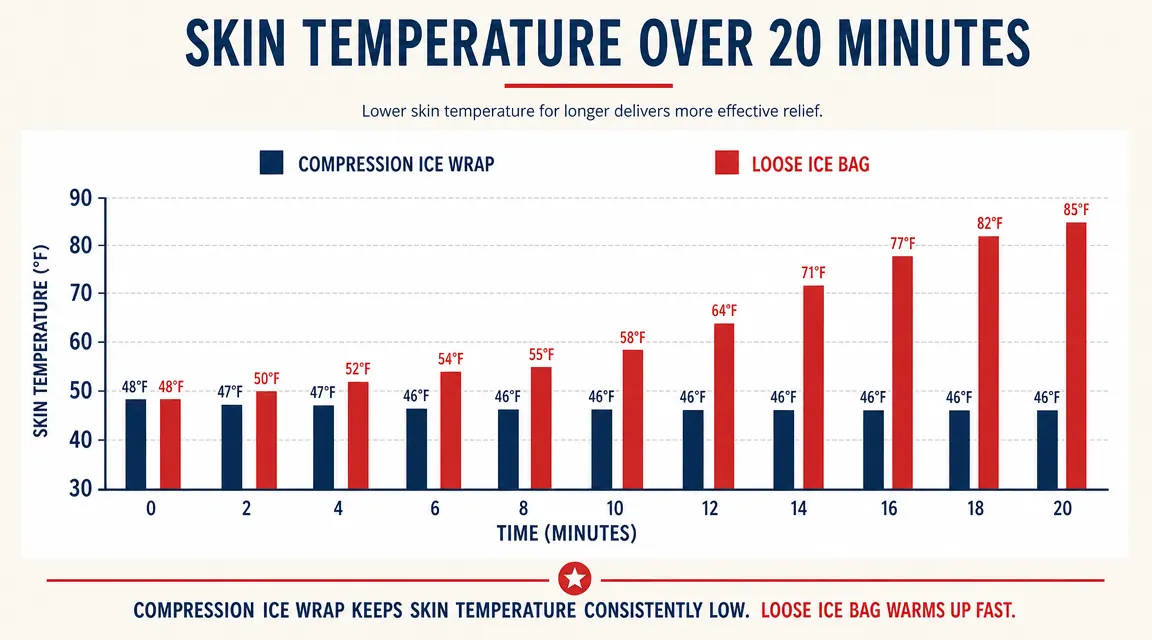 Side-by-side comparison chart showing temperature retention over 20 minutes for a compression ice wrap versus a loose bag of ice
