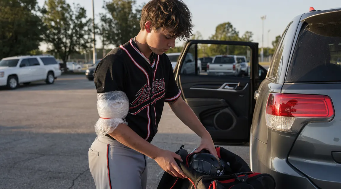 Teen pitcher standing with a compression ice wrap on, ready to pack gear into a baseball bag after a game