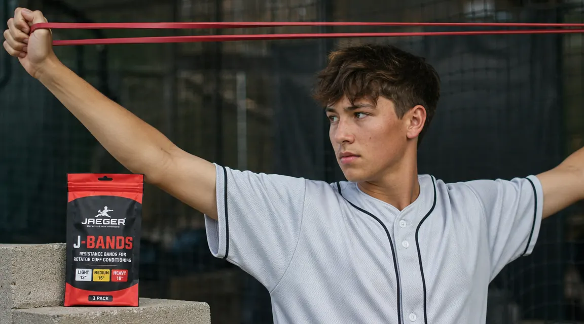 Close-up of Jaeger J-Bands resistance bands being held by a teen pitcher before a bullpen session