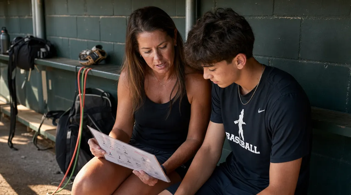 Pitcher and parent reviewing arm care routine with resistance bands after a practice session