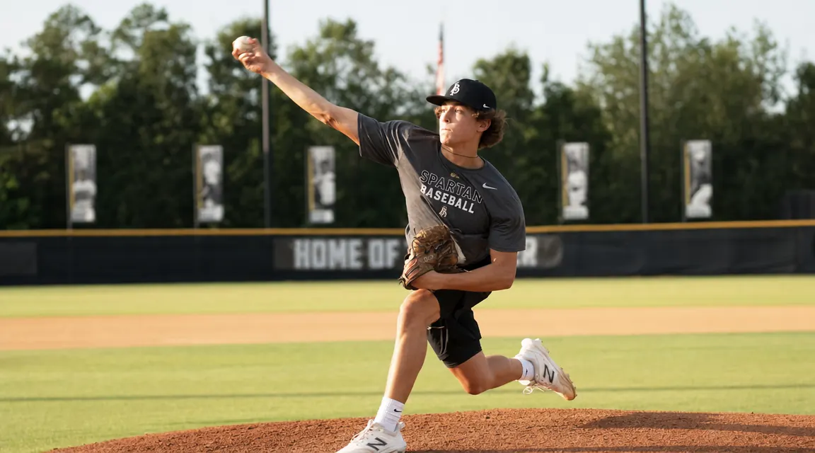 Teen pitcher warming up on a mound with good arm extension, healthy and loose looking