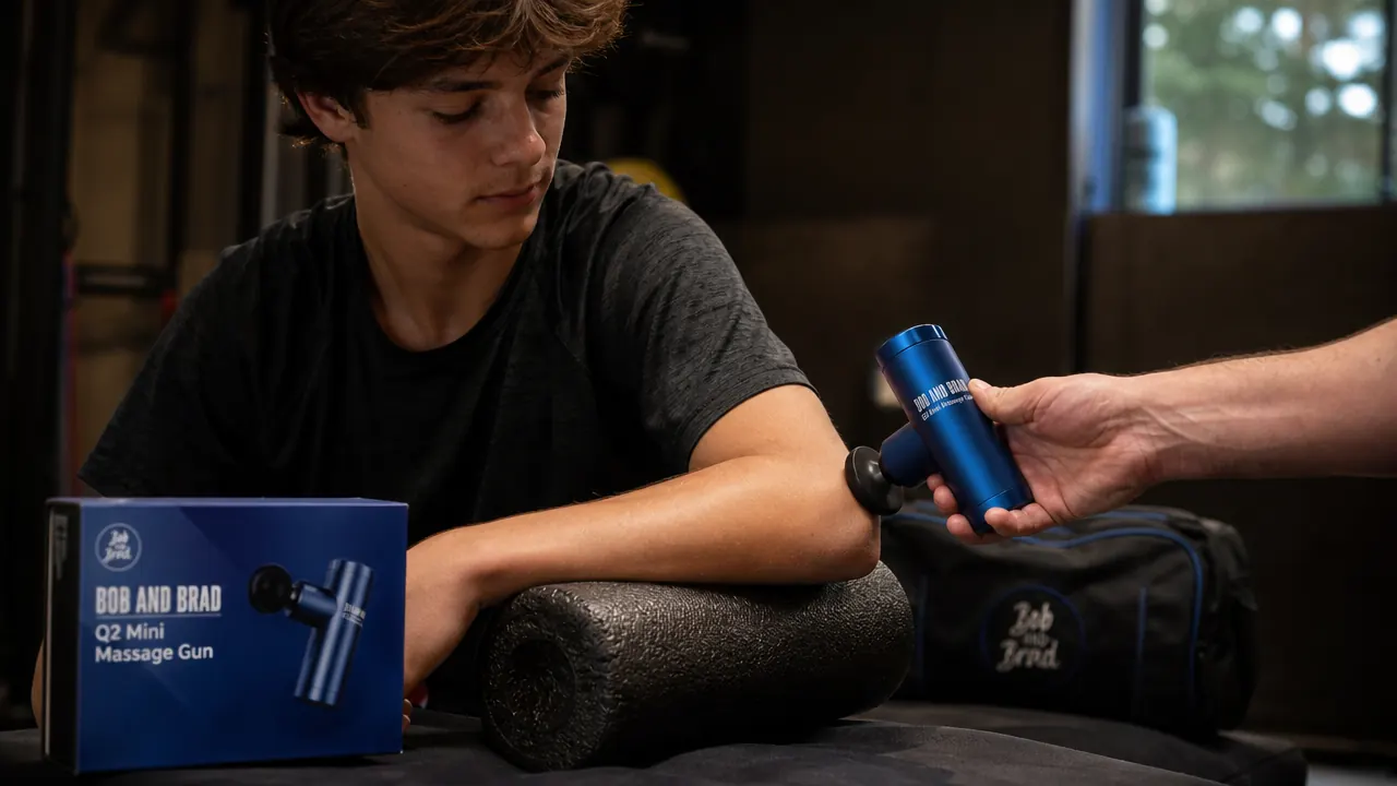 Parent holding the BOB AND BRAD Q2 mini massage gun near a teen pitcher's forearm on a bench