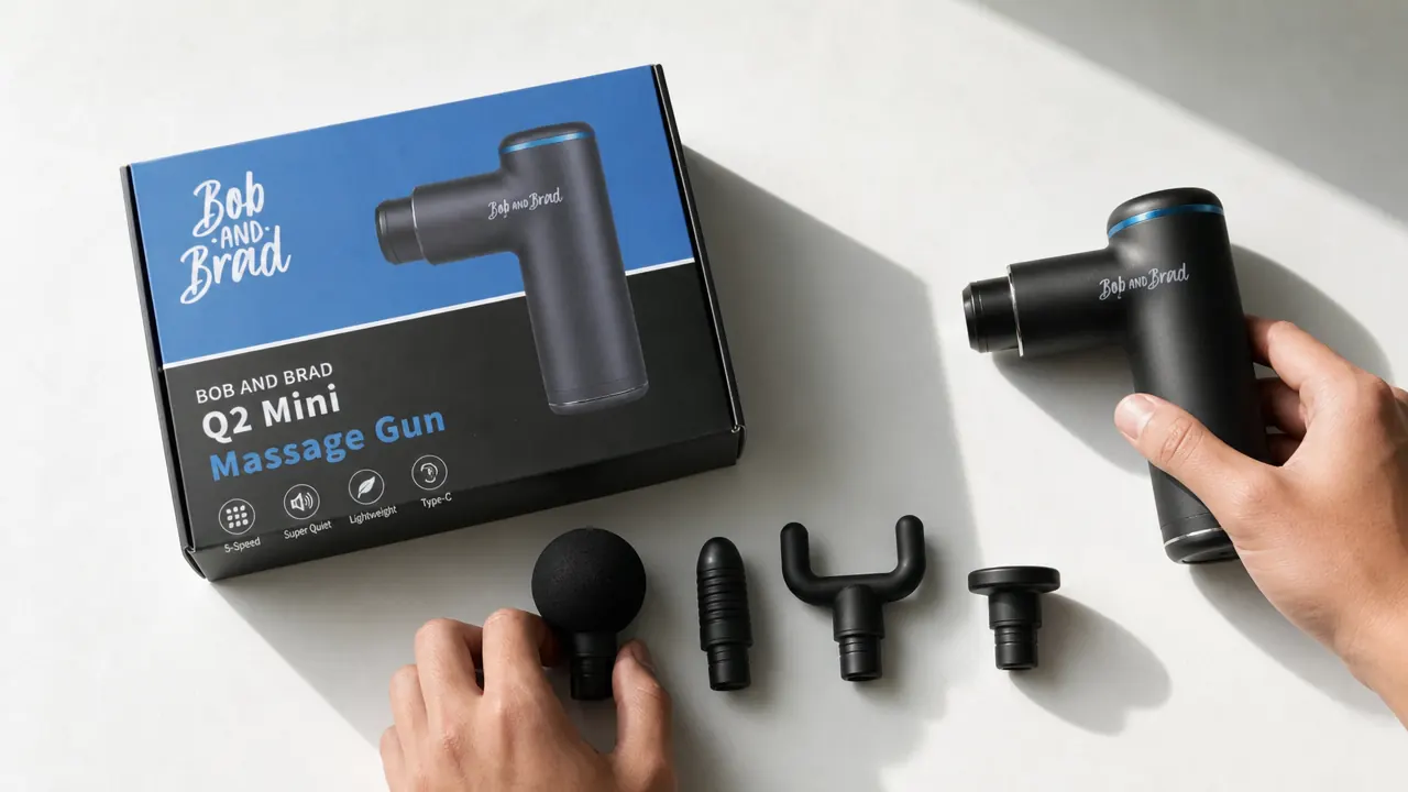 Close-up of the four attachment heads included with the BOB AND BRAD Q2 massage gun laid out on a white surface