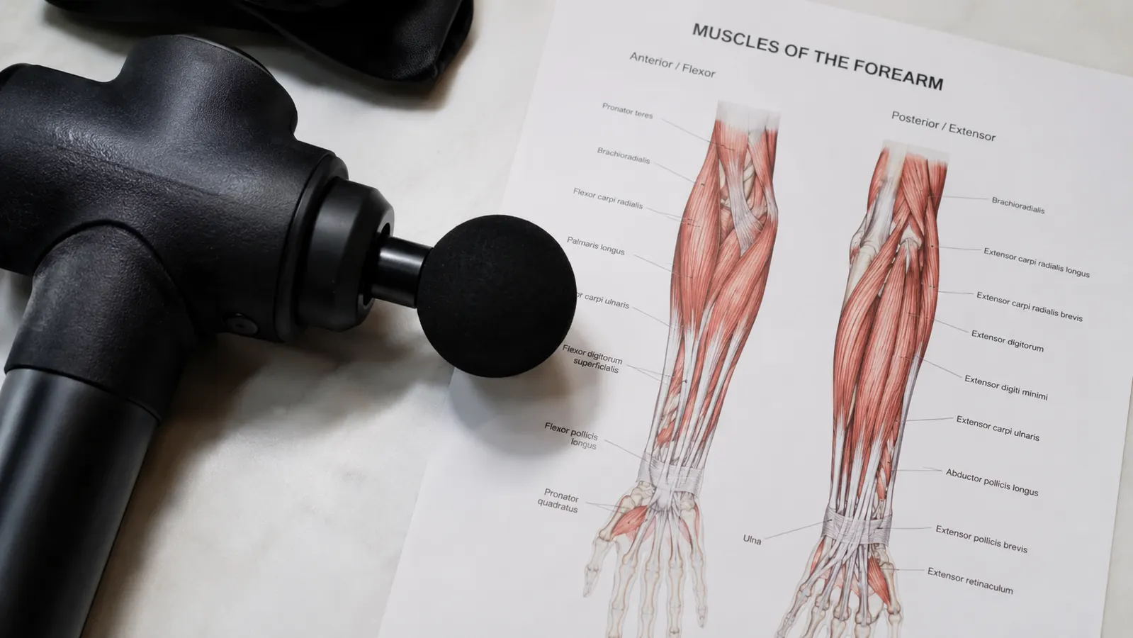 Close-up of a massage gun attachment head next to a medical anatomy diagram of the forearm flexor muscles