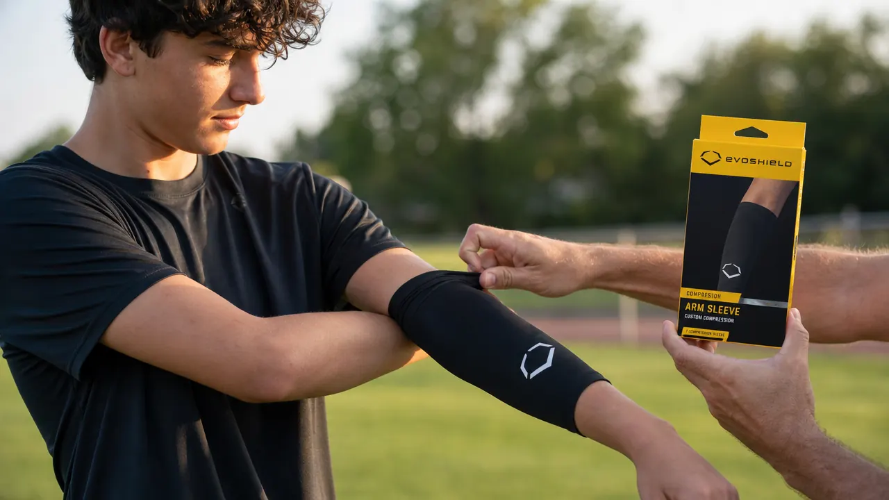 Close-up of EvoShield arm sleeve being pulled on over a pitcher's forearm at field level