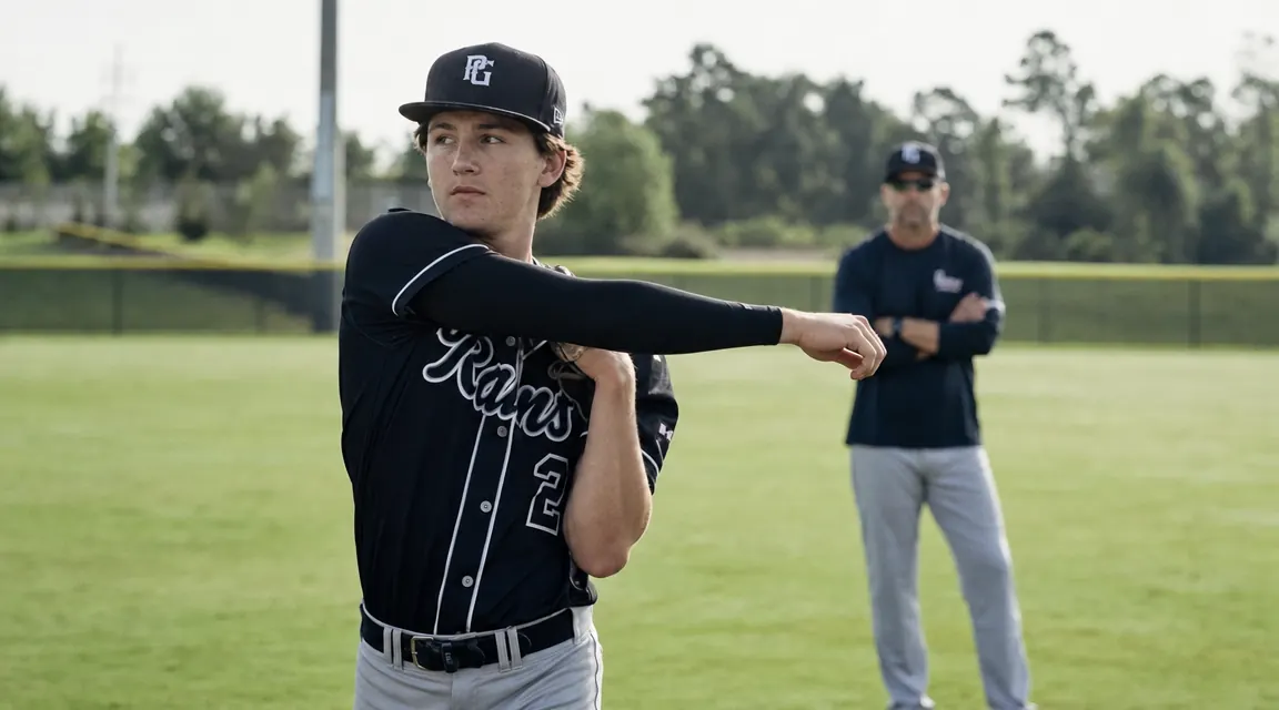 Teen pitcher doing arm circles in outfield with compression sleeve visible, coach watching in background