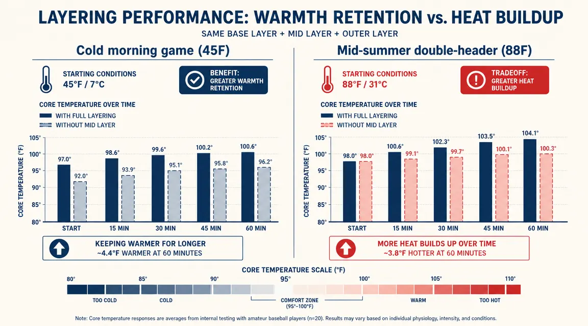 Thermometer graphic showing temperature zones and how compression fabric retains warmth in cold versus hot conditions