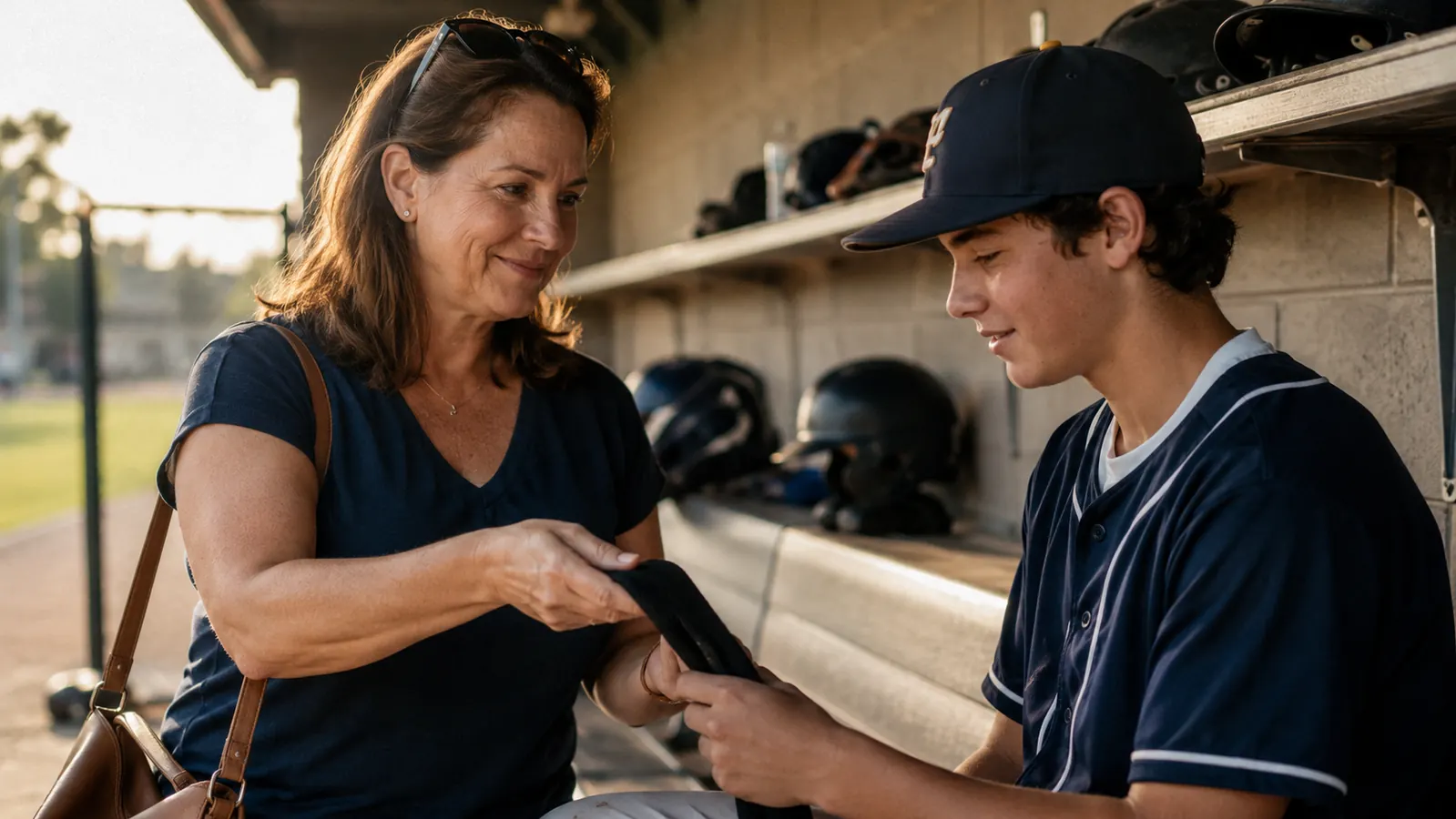 Mom handing her teen son a compression sleeve in a dugout, both looking at the sleeve