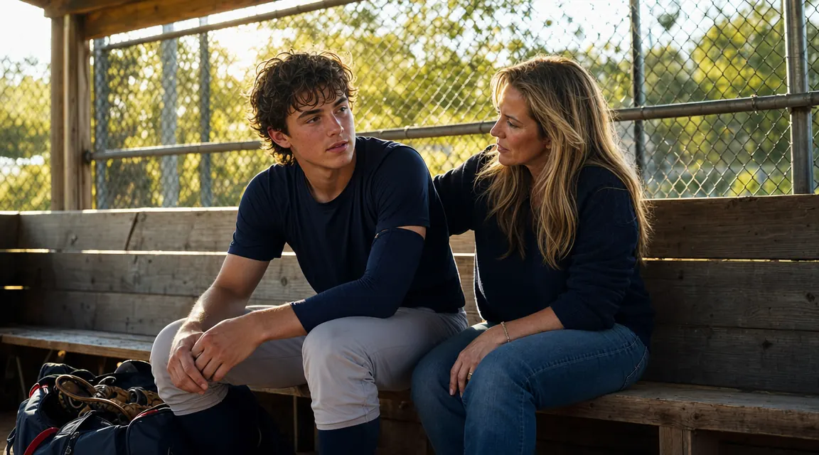 A teen baseball pitcher and his mom at the kitchen table reviewing his arm-care routine after a long outing