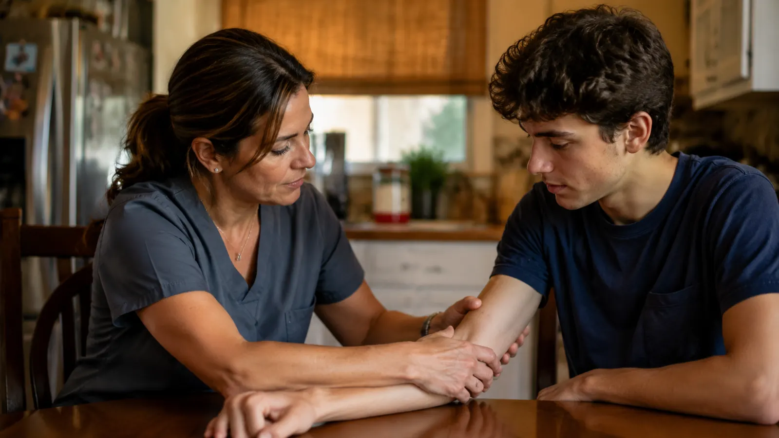 Mom and son talking in a kitchen, she is pointing to his elbow with a concerned but calm expression