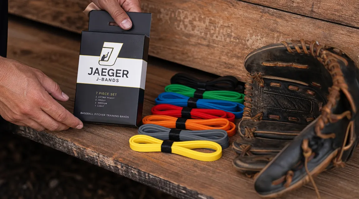 Jaeger J-Bands resistance band set laid flat on a dugout bench next to a baseball glove