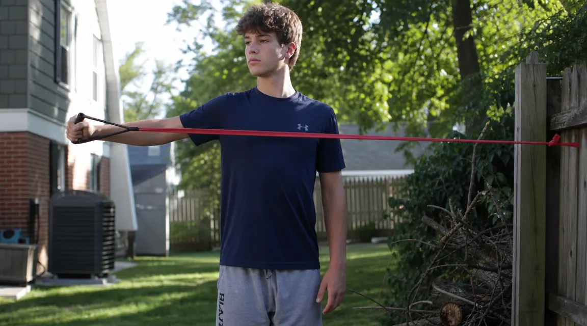 Teen pitcher performing a resistance band external rotation exercise in a backyard, arm extended at shoulder height