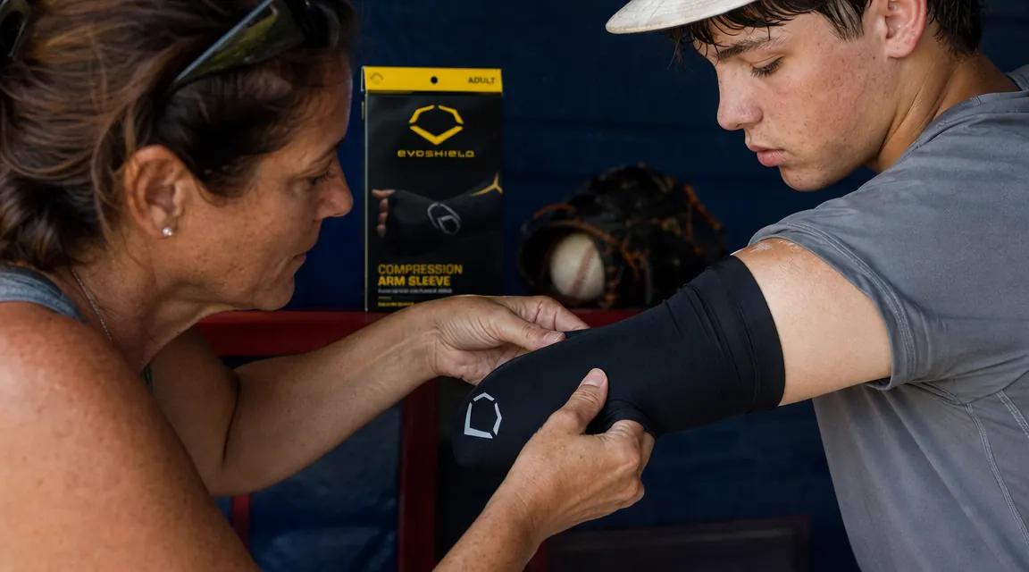 Close-up of a mom's hands rolling a dark navy compression sleeve up a teenager's forearm before a game