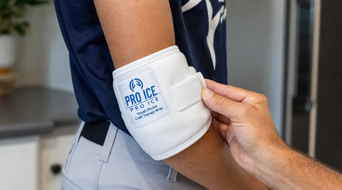 PRO ICE youth pitcher wrap being secured around a teenager's elbow by an adult hand
