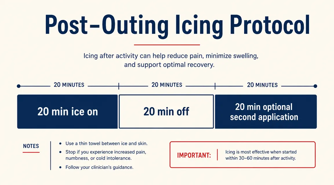 Diagram showing icing timeline: 0-20 minutes ice on, 20 minutes off, 20 minutes on again