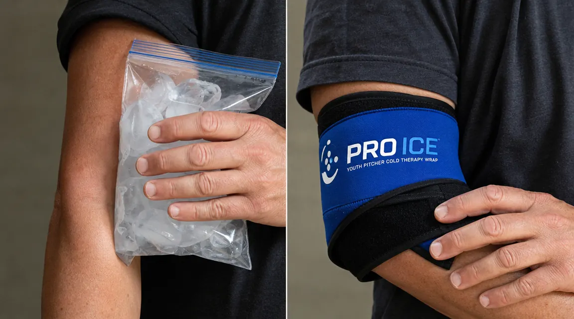Comparison of a loose ice bag held to an elbow versus a fitted compression ice wrap strapped securely around the elbow joint