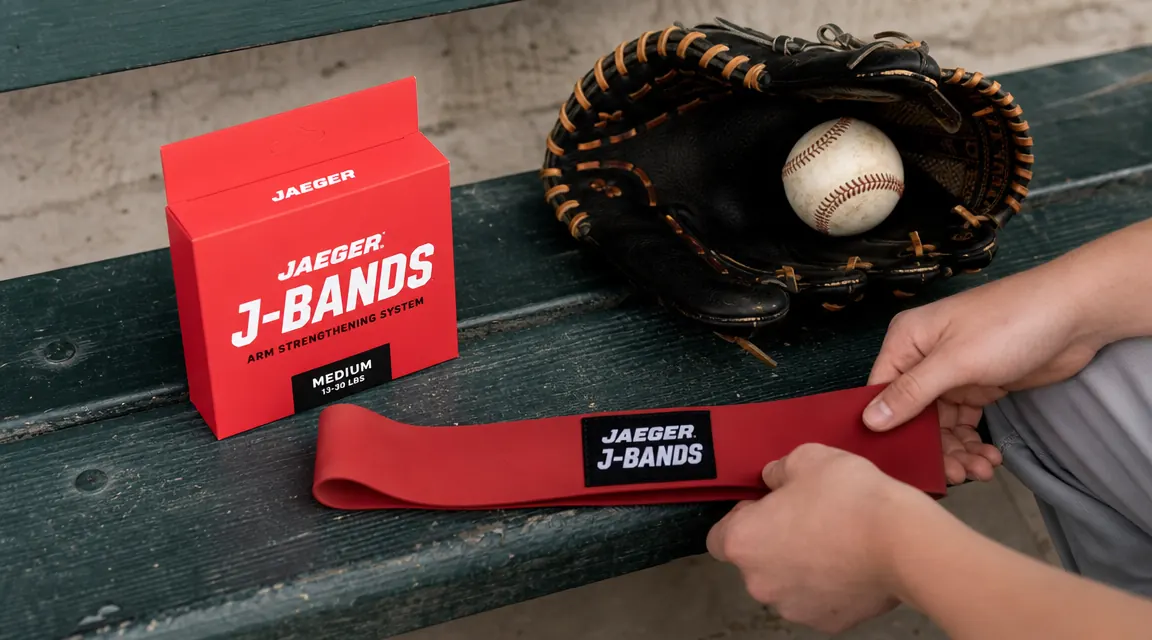 Jaeger J-Bands resistance band set on a gym floor next to a baseball glove