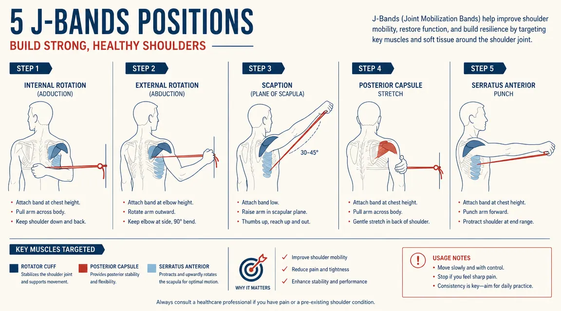 Diagram showing the five J-Bands exercise positions and muscle groups targeted