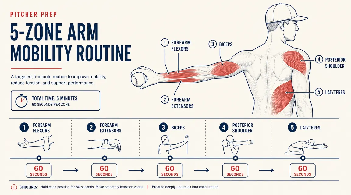 Diagram showing the five muscle zones on a pitcher's arm and shoulder with a timeline for post-outing massage