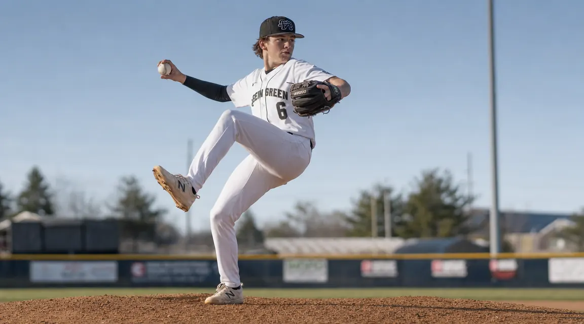 Teen pitcher on the mound during a game, compression arm sleeve on his pitching arm, mid-windup, clear sky behind him