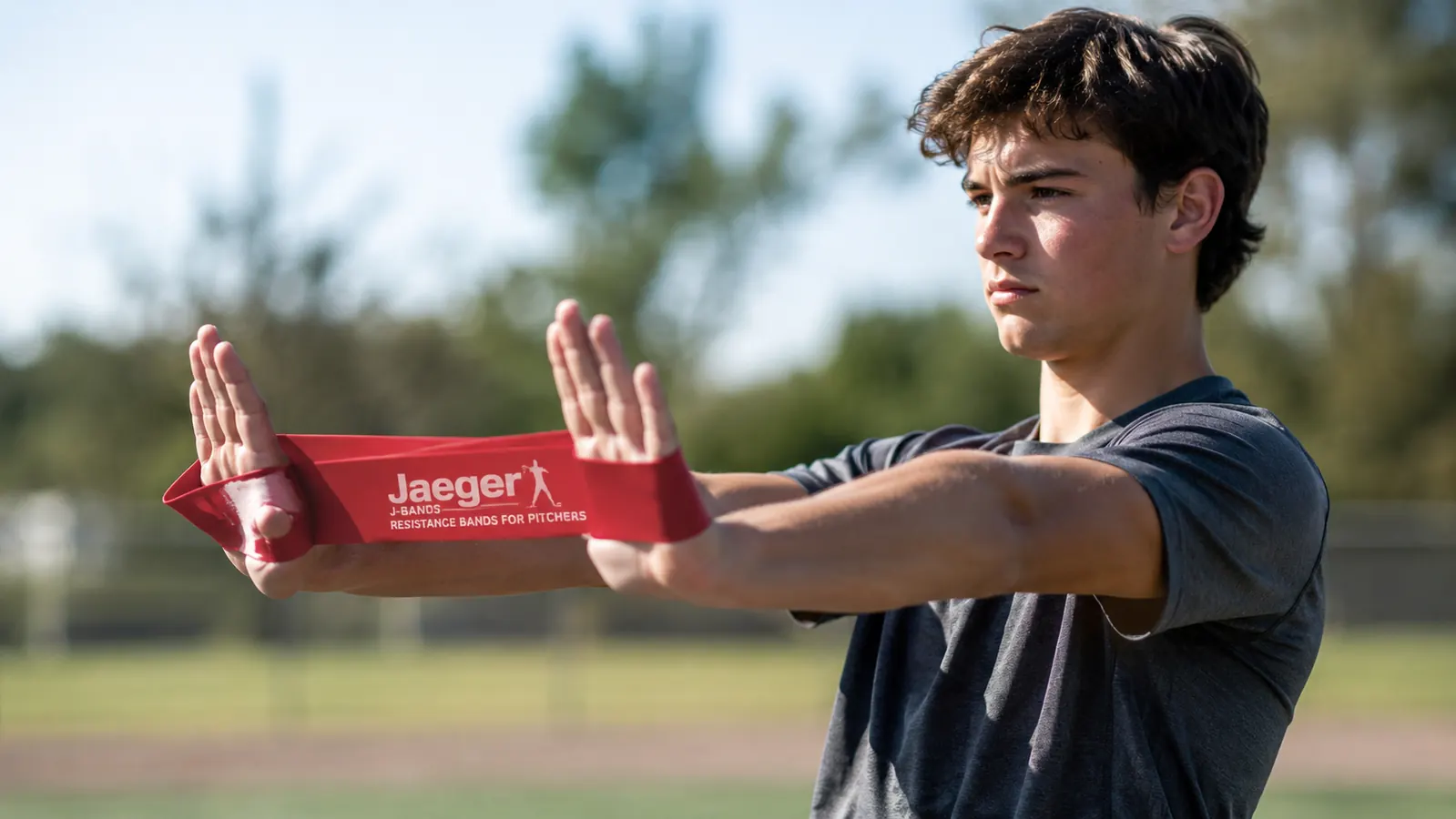 Teenager performing J-Band external rotation exercise with arms extended, resistance band looped around wrists