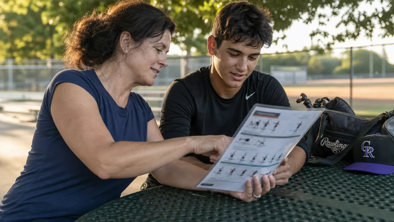 Pitcher and parent reviewing laminated J-Band instruction sheet together at a picnic table after practice