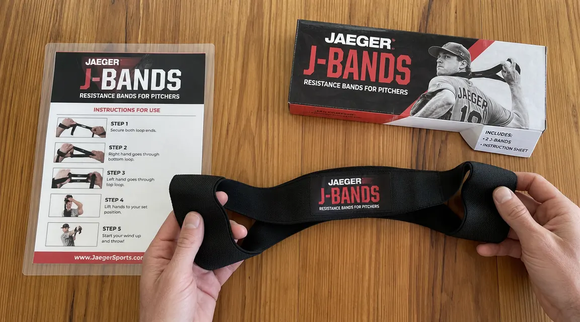 Jaeger J-Bands resistance bands laid flat on a wood surface next to the instruction sheet