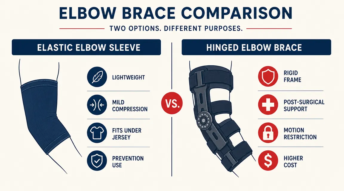 Side-by-side diagram comparing compression elbow sleeve versus hinged post-surgical elbow brace, labeled with key features