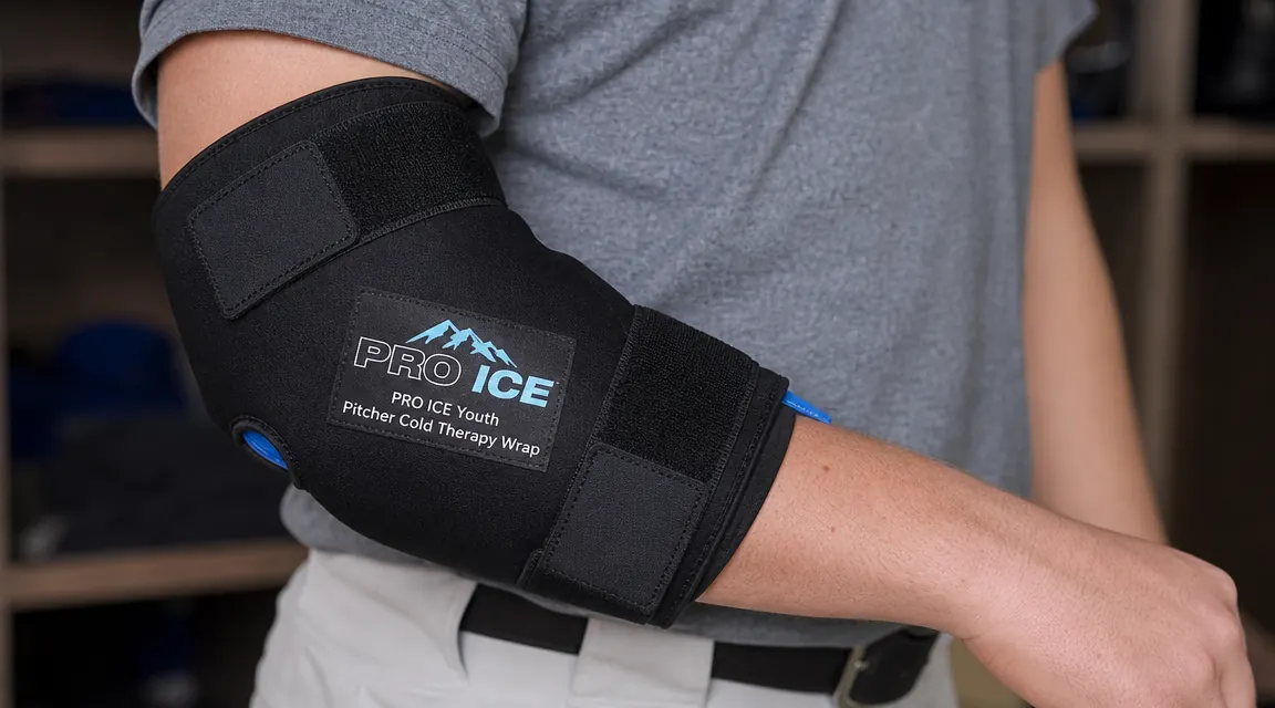 PRO ICE Youth Pitcher Wrap applied to elbow and shoulder area, velcro straps visible, ice pack inside the sleeve