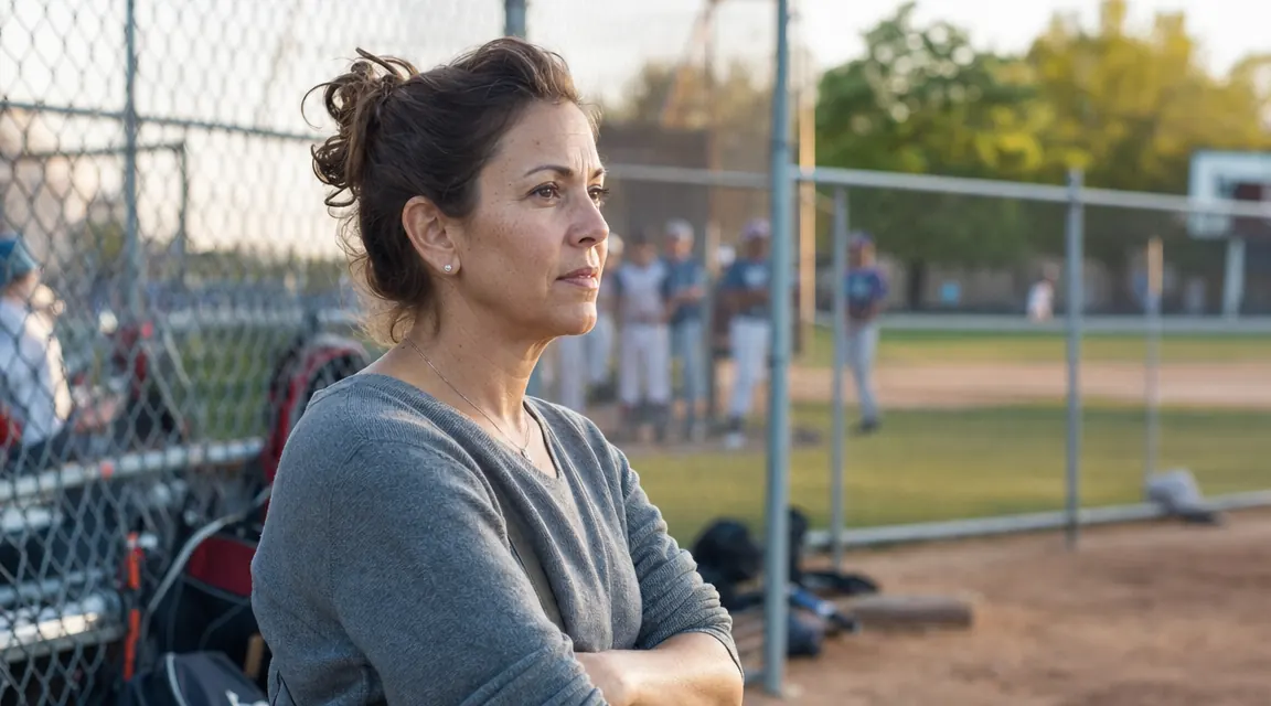 Mom watching her teenage son at baseball practice, looking attentive and slightly concerned