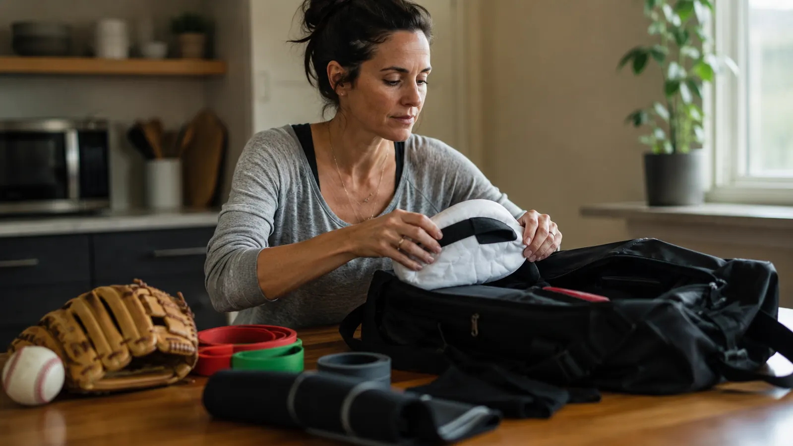 Baseball pitcher mom placing an ice wrap in a gear bag alongside J-Bands and a compression sleeve