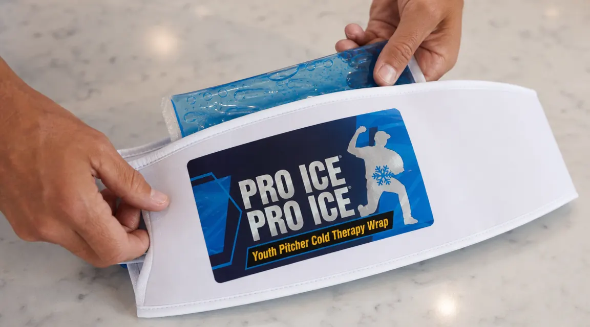 PRO ICE Youth wrap ice pack being slid into its neoprene sleeve pocket before use