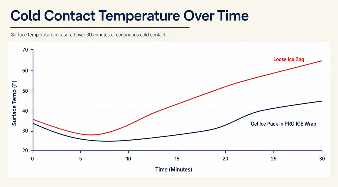 Diagram comparing temperature hold time for PRO ICE gel packs versus a Ziploc bag of ice over 30 minutes